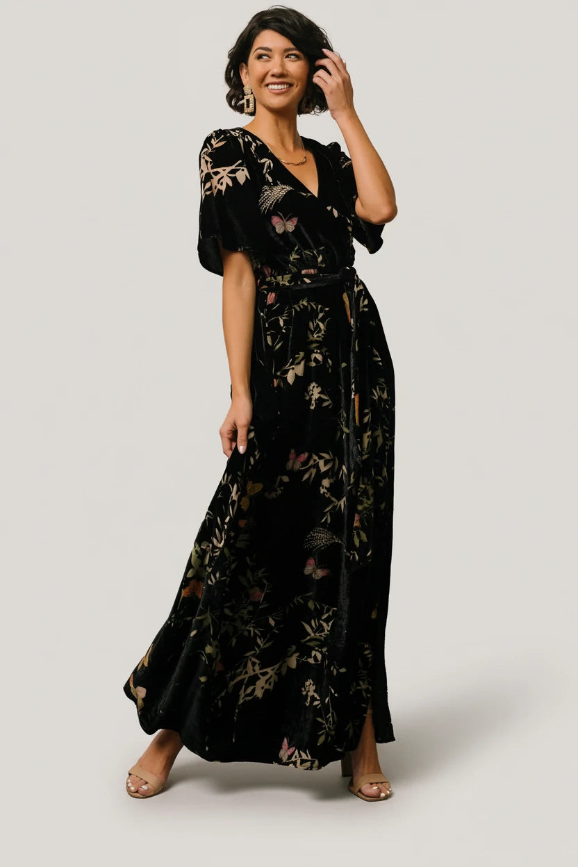 Uma Velvet Maxi Dress | Baltic Born Black Butterfly Print