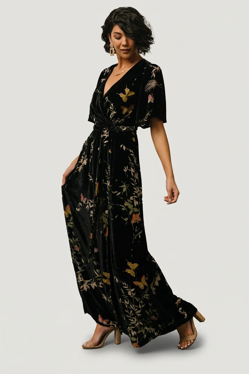 Uma Velvet Maxi Dress | Baltic Born Black Butterfly Print