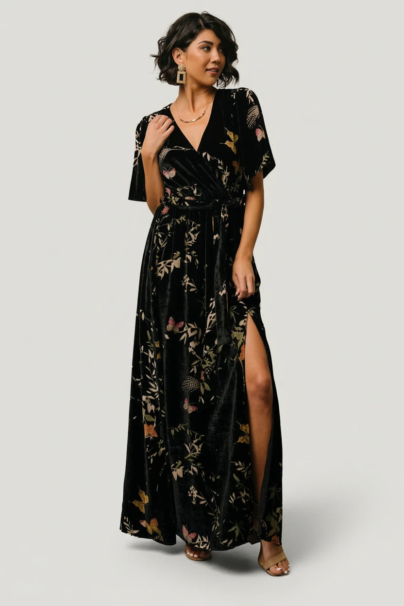 Uma Velvet Maxi Dress | Baltic Born Black Butterfly Print