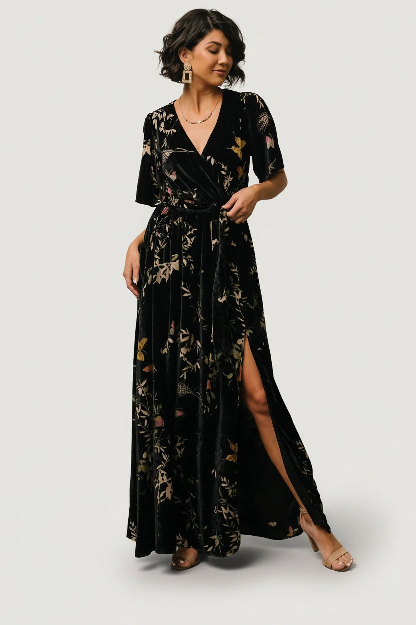 Uma Velvet Maxi Dress | Baltic Born Black Butterfly Print