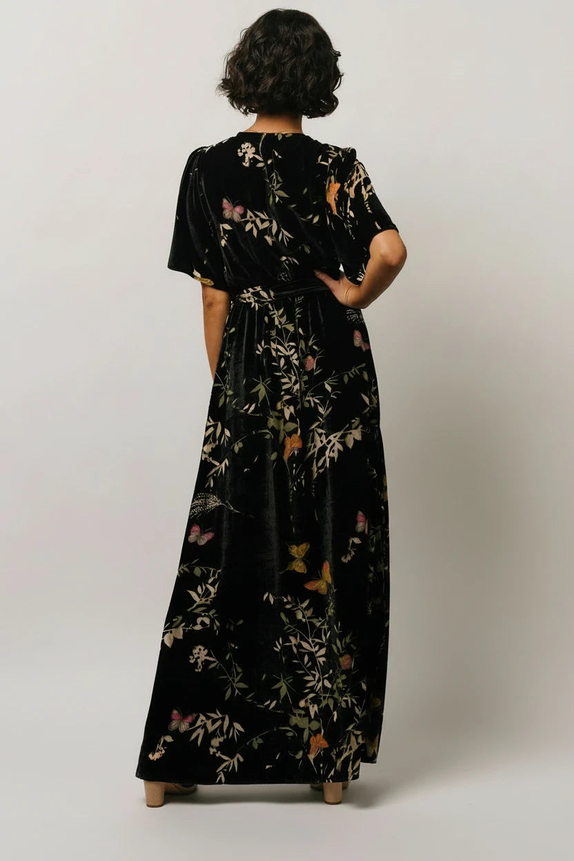 Uma Velvet Maxi Dress | Baltic Born Black Butterfly Print