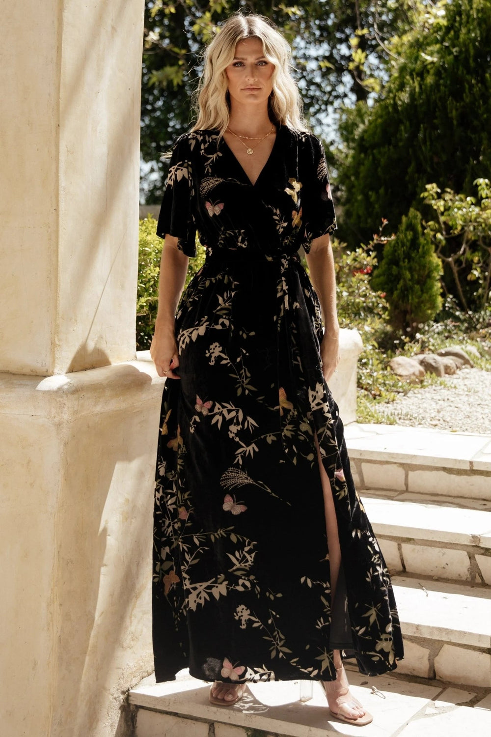 Uma Velvet Maxi Dress | Baltic Born Black Butterfly Print