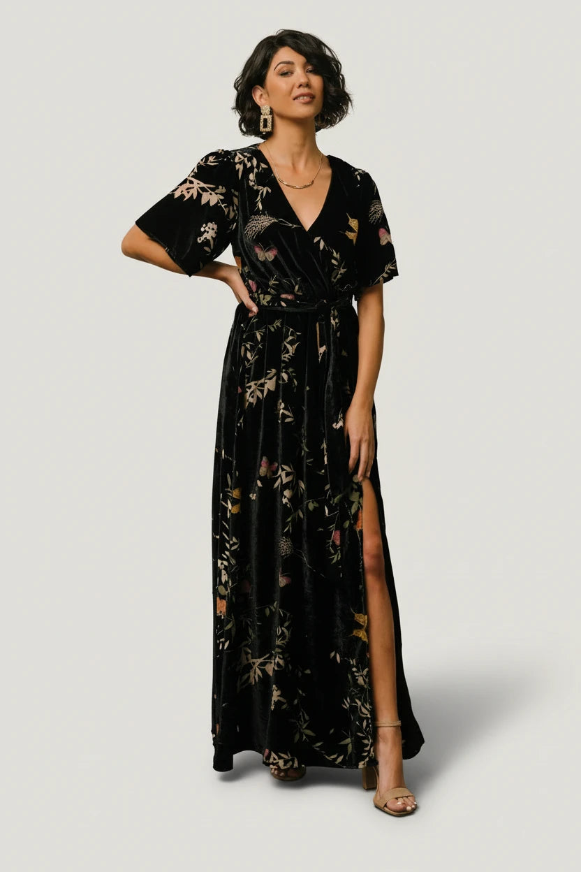 Uma Velvet Maxi Dress | Baltic Born Black Butterfly Print