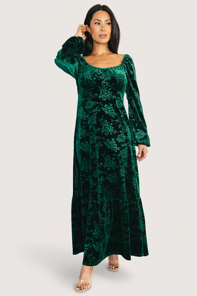 Audra Velvet Embossed Maxi Dress | Baltic Born Emerald