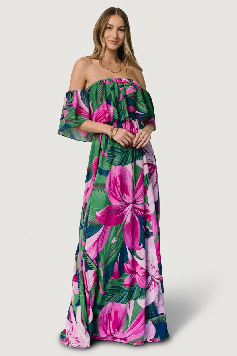 Azalea Off Shoulder Maxi Dress | Baltic Born Green + Fuchsia Floral