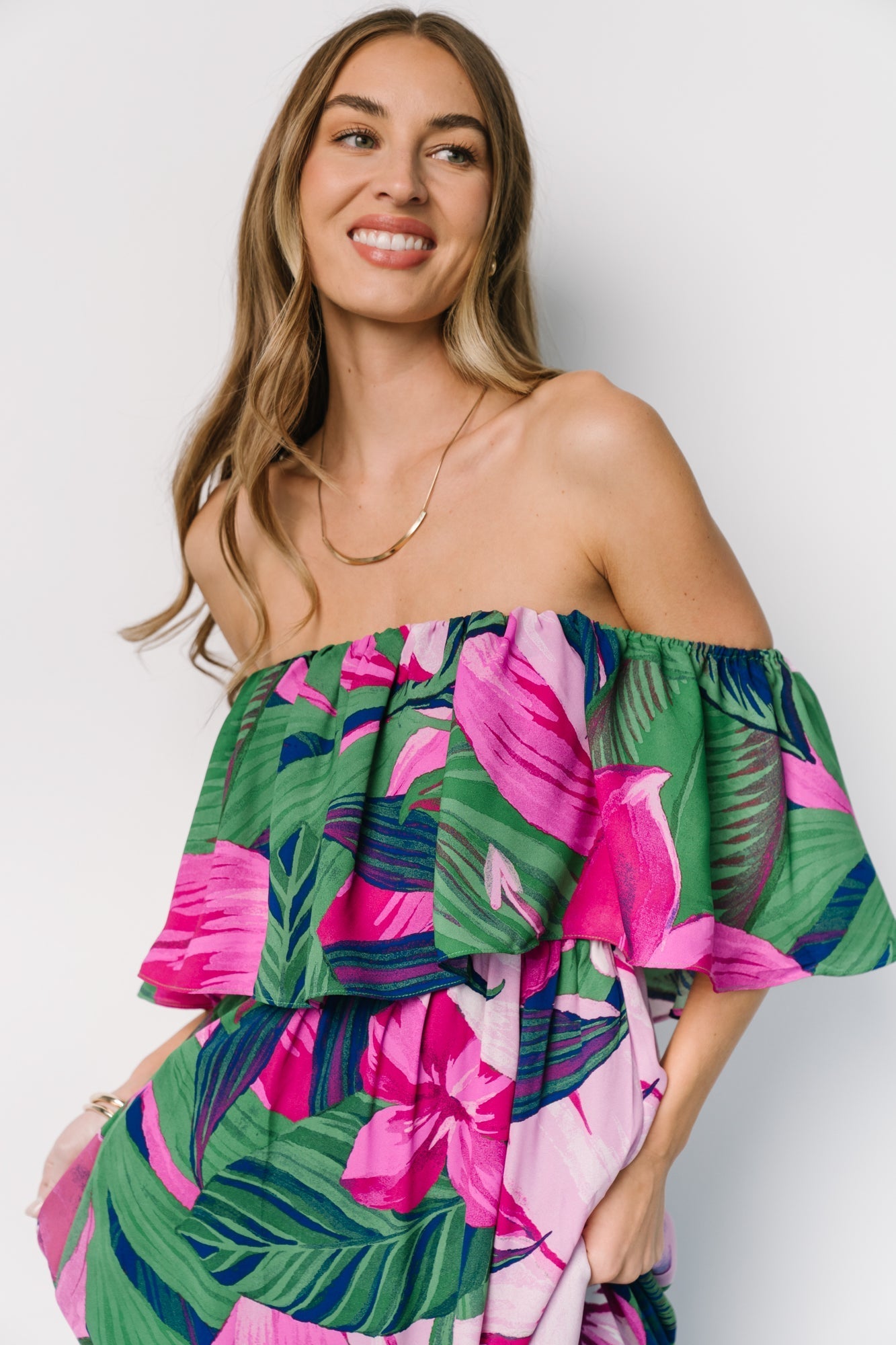 Azalea Off Shoulder Maxi Dress | Baltic Born Green + Fuchsia Floral
