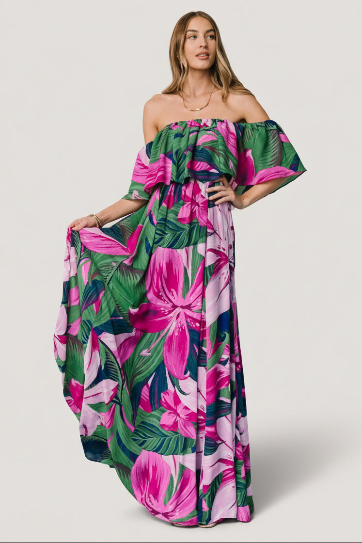 Azalea Off Shoulder Maxi Dress | Baltic Born Green + Fuchsia Floral