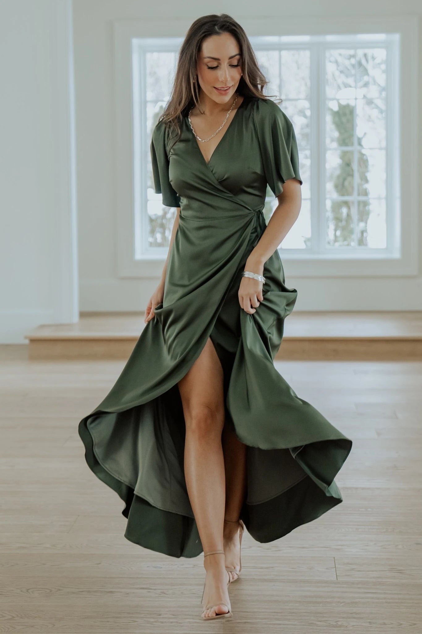 Vara Satin Maxi Wrap Dress | Baltic Born Juniper Green