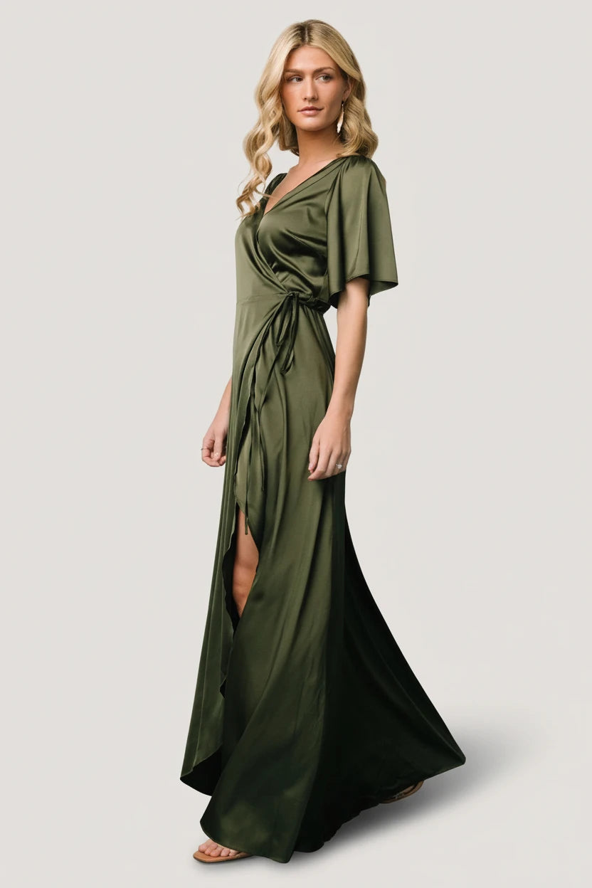 Vara Satin Maxi Wrap Dress | Baltic Born Juniper Green