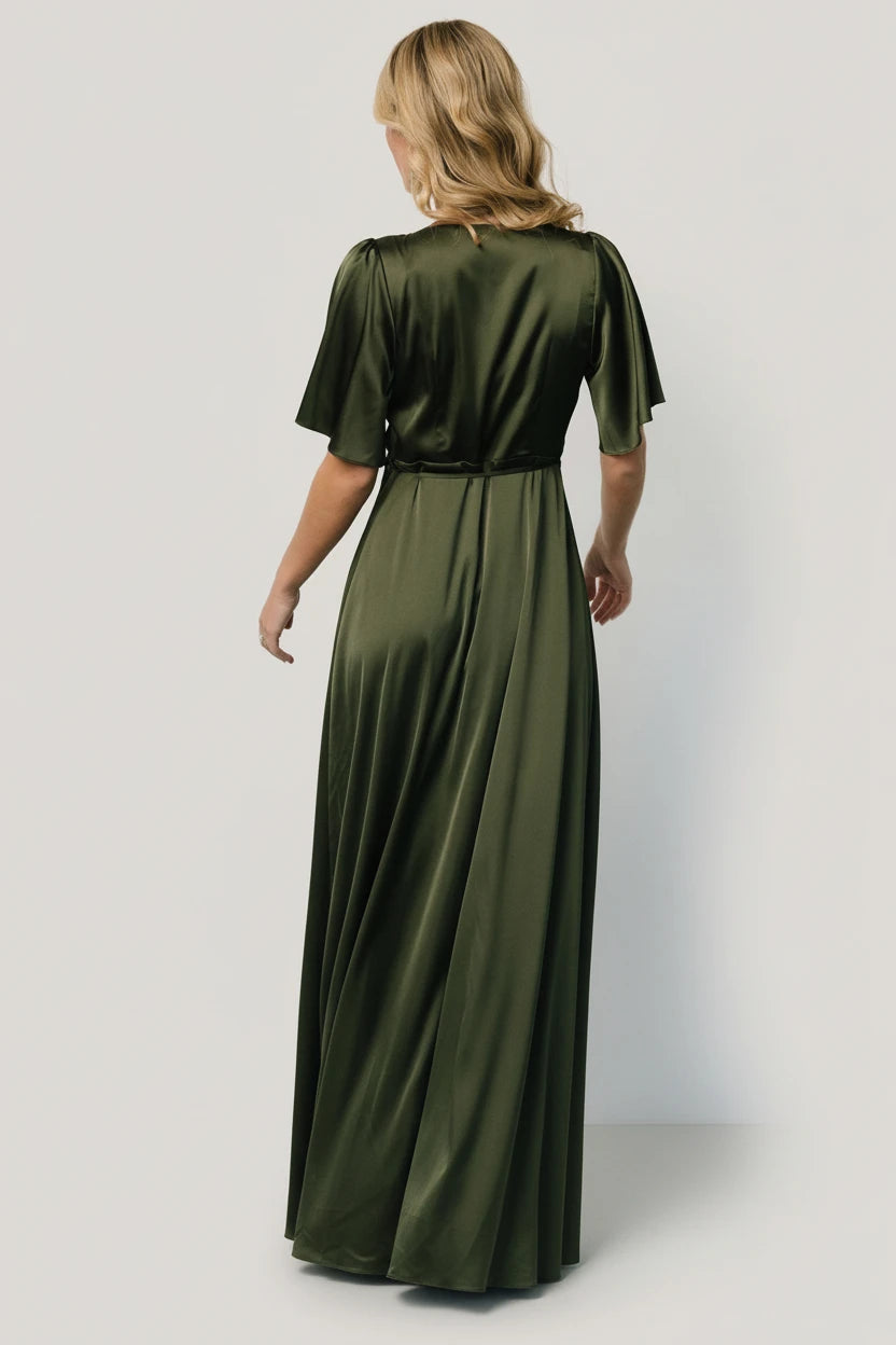 Vara Satin Maxi Wrap Dress | Baltic Born Juniper Green