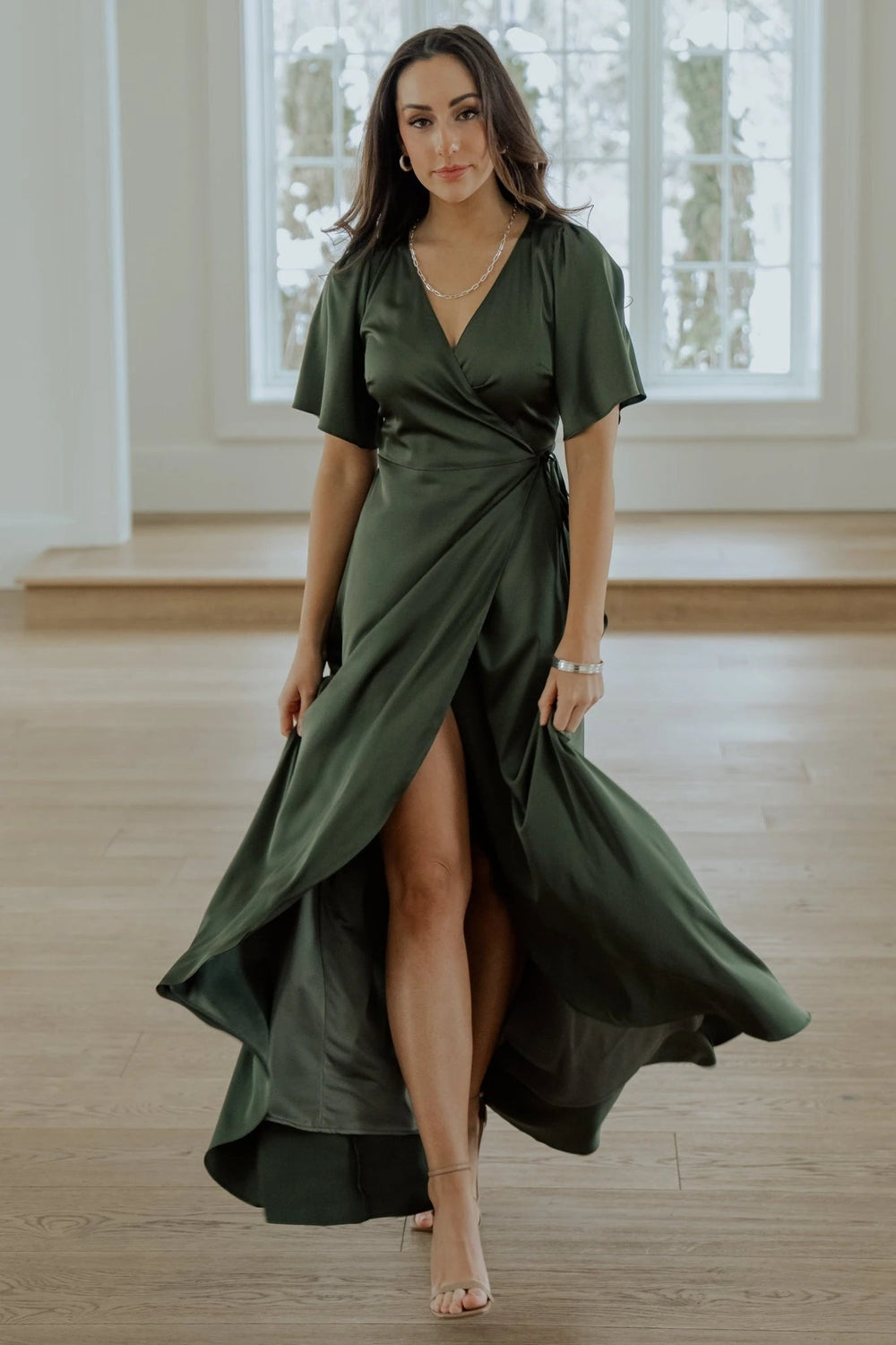 Vara Satin Maxi Wrap Dress | Baltic Born Juniper Green