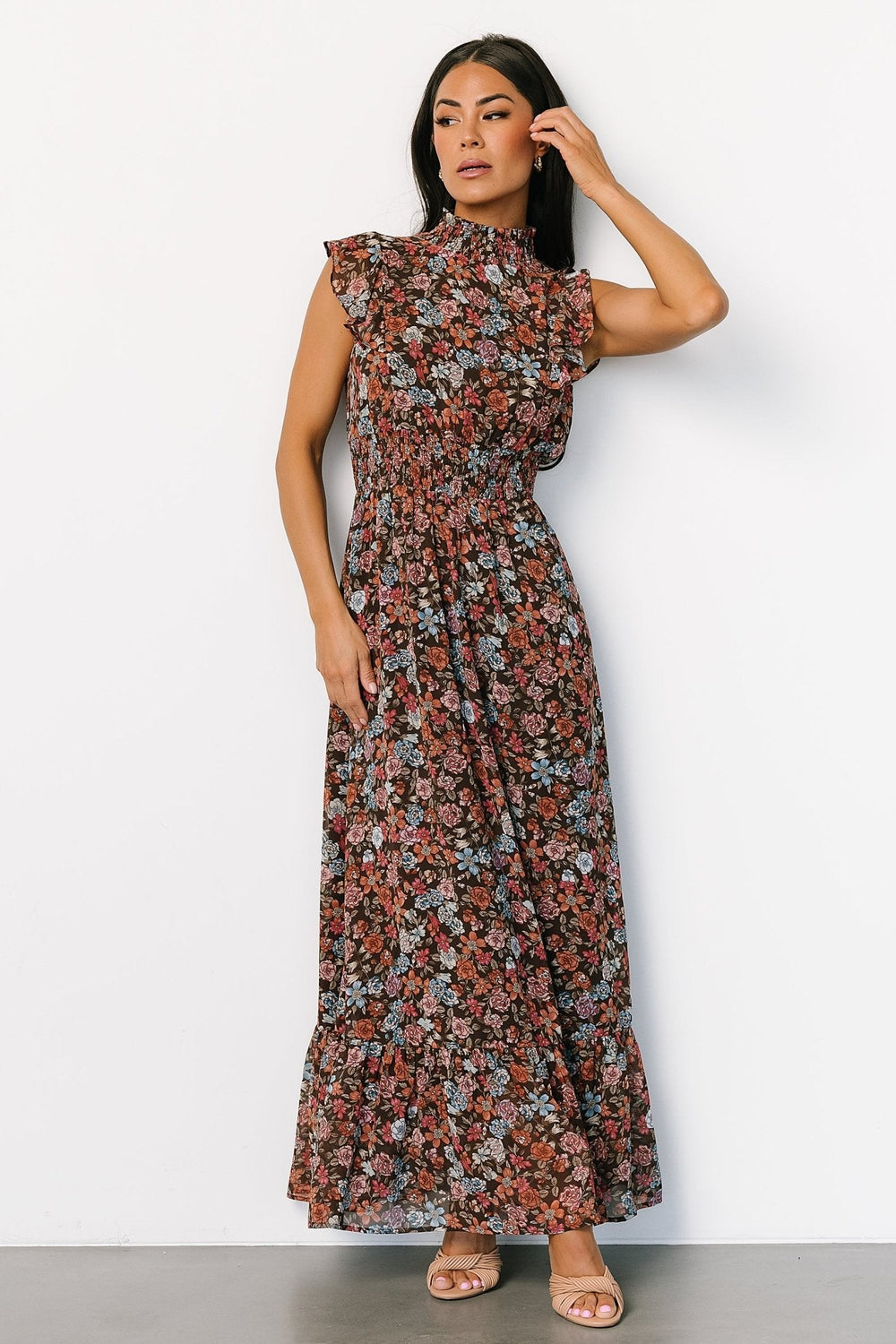 Kearny Ruffle Maxi Dress | Baltic Born Brown Multi Floral