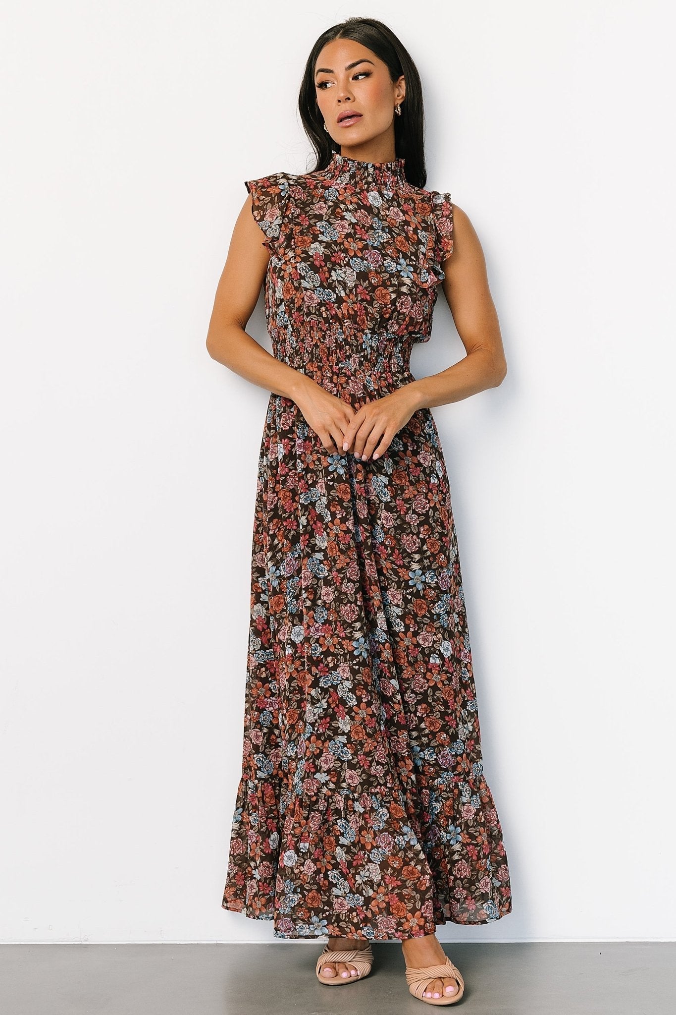Kearny Ruffle Maxi Dress | Baltic Born Brown Multi Floral