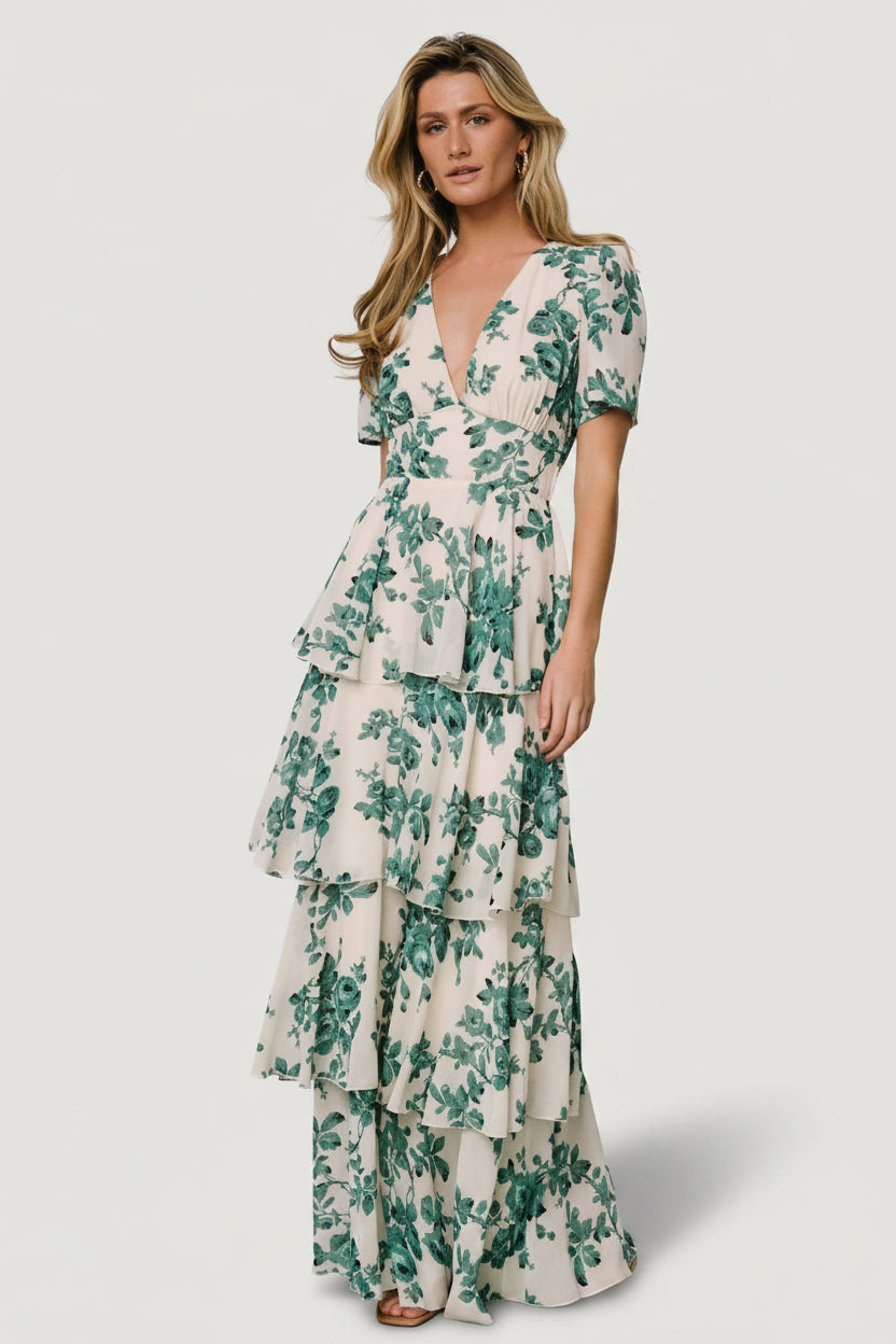 Montaigne Ruffle Maxi Dress | Baltic Born Ivory + Green Floral