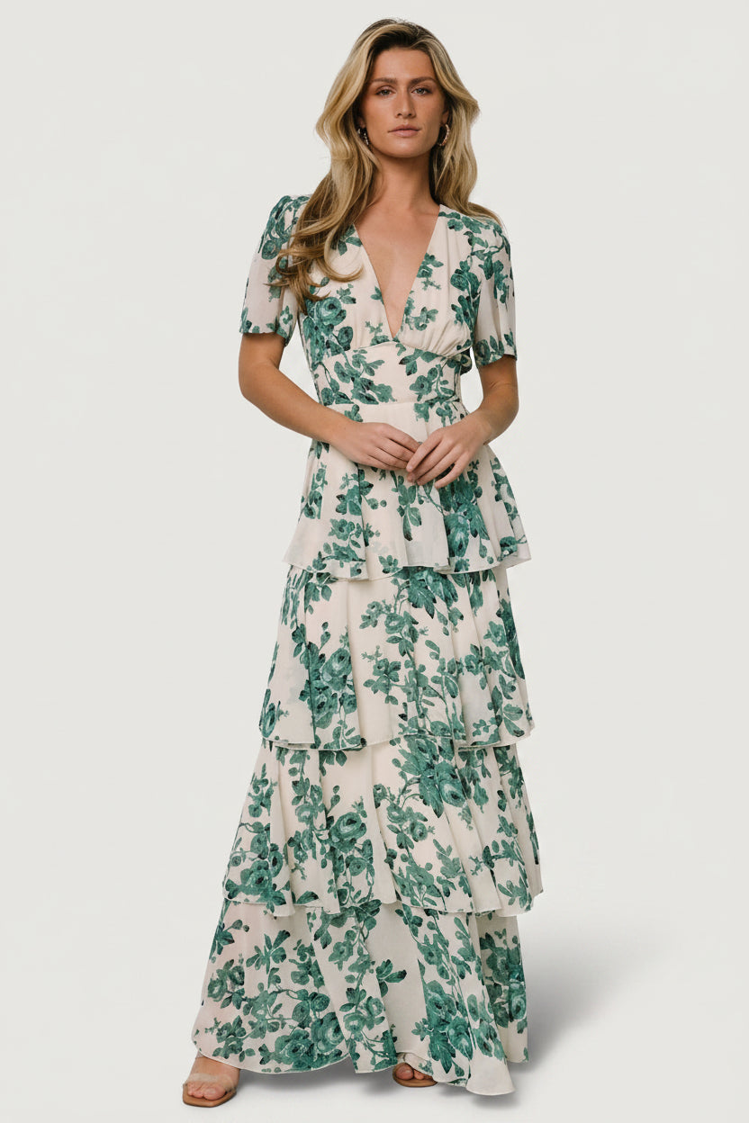 Montaigne Ruffle Maxi Dress | Baltic Born Ivory + Green Floral
