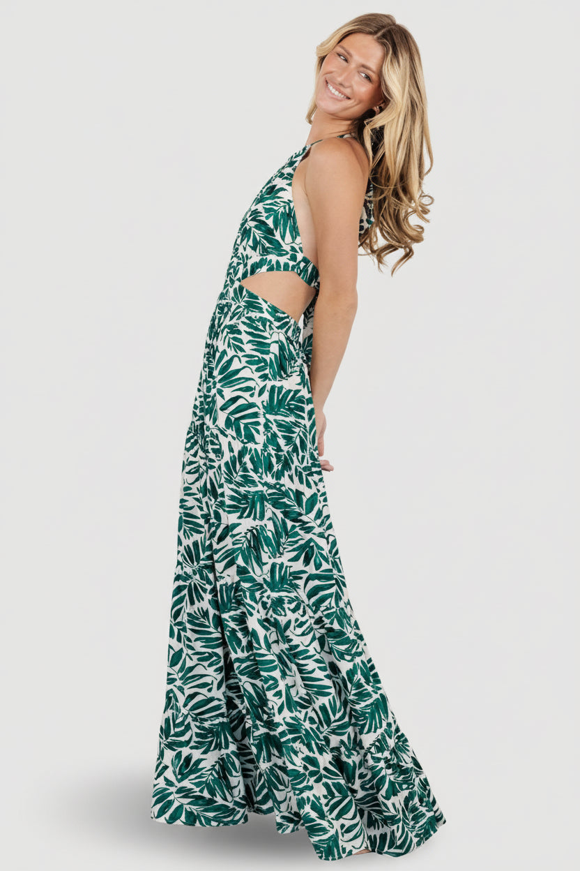 Brett Halter Maxi Dress | Baltic Born Palm Green Print