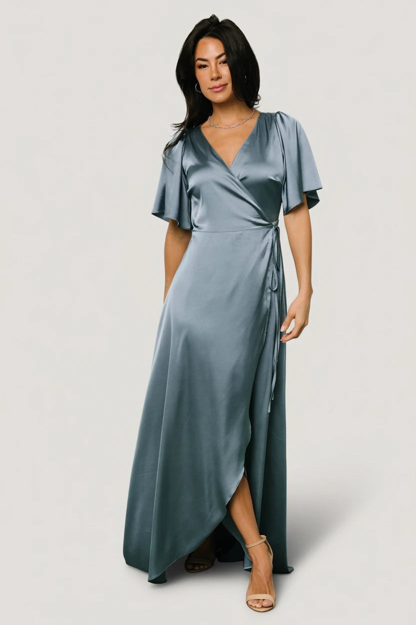 Vara Satin Maxi Wrap Dress | Baltic Born Dusty Blue