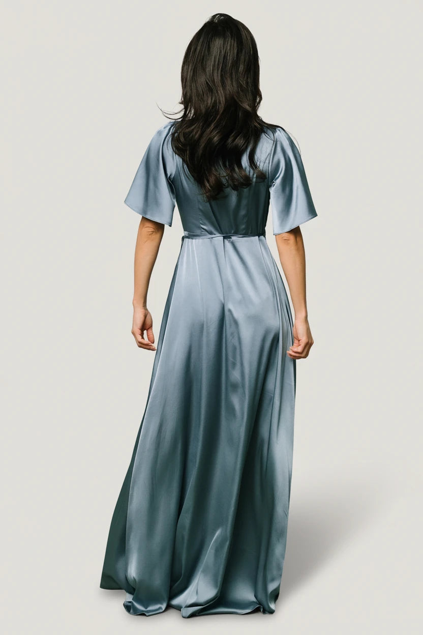 Vara Satin Maxi Wrap Dress | Baltic Born Dusty Blue