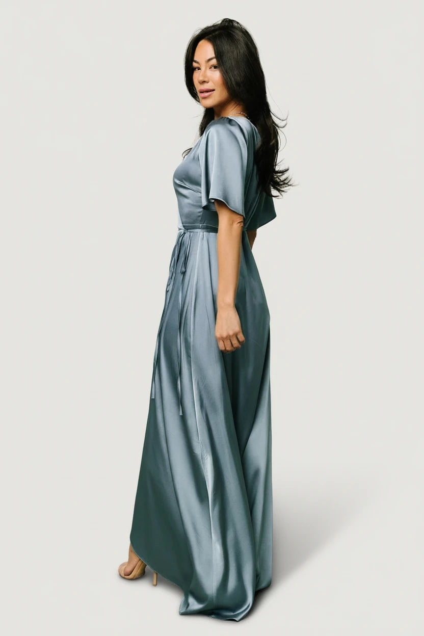 Vara Satin Maxi Wrap Dress | Baltic Born Dusty Blue
