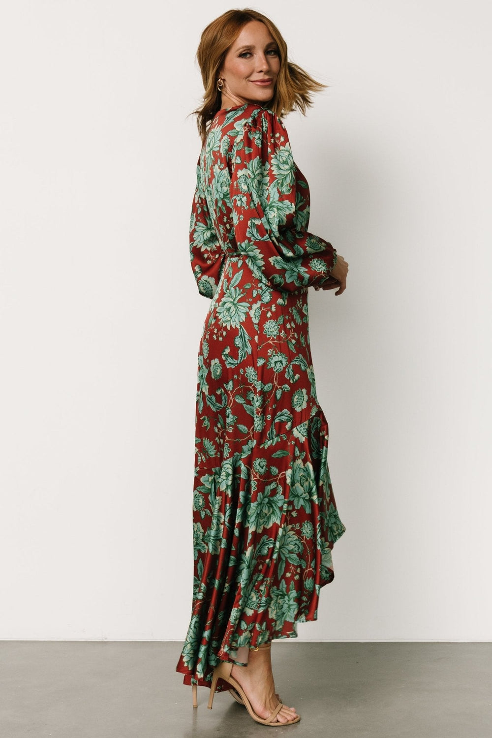 Lavinia Ruffle Maxi Dress | Baltic Born Rust + Green Floral