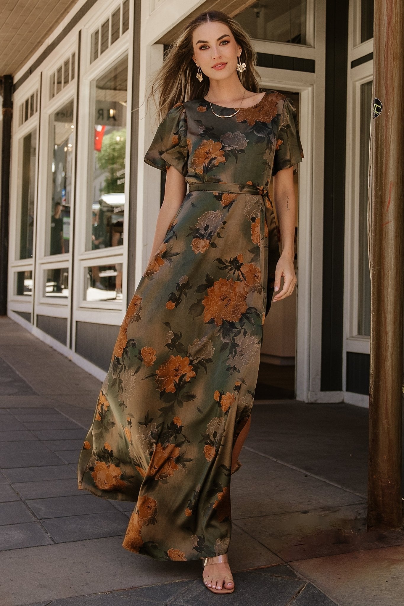 Agnes Satin Maxi Dress | Baltic Born Olive Floral