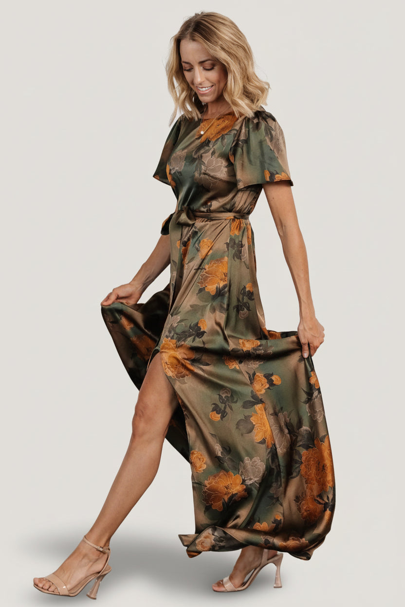 Agnes Satin Maxi Dress | Baltic Born Olive Floral