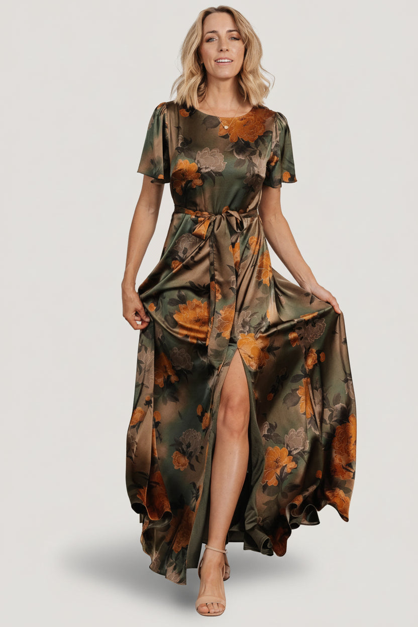 Agnes Satin Maxi Dress | Baltic Born Olive Floral