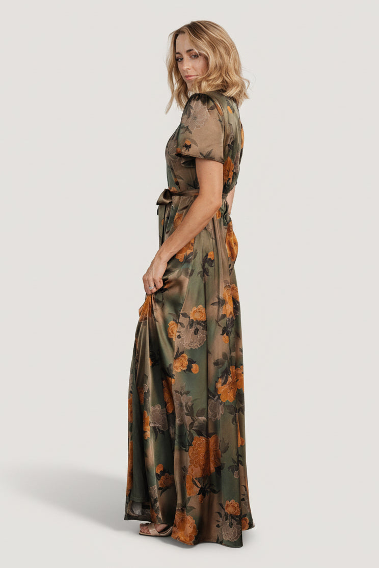 Agnes Satin Maxi Dress | Baltic Born Olive Floral