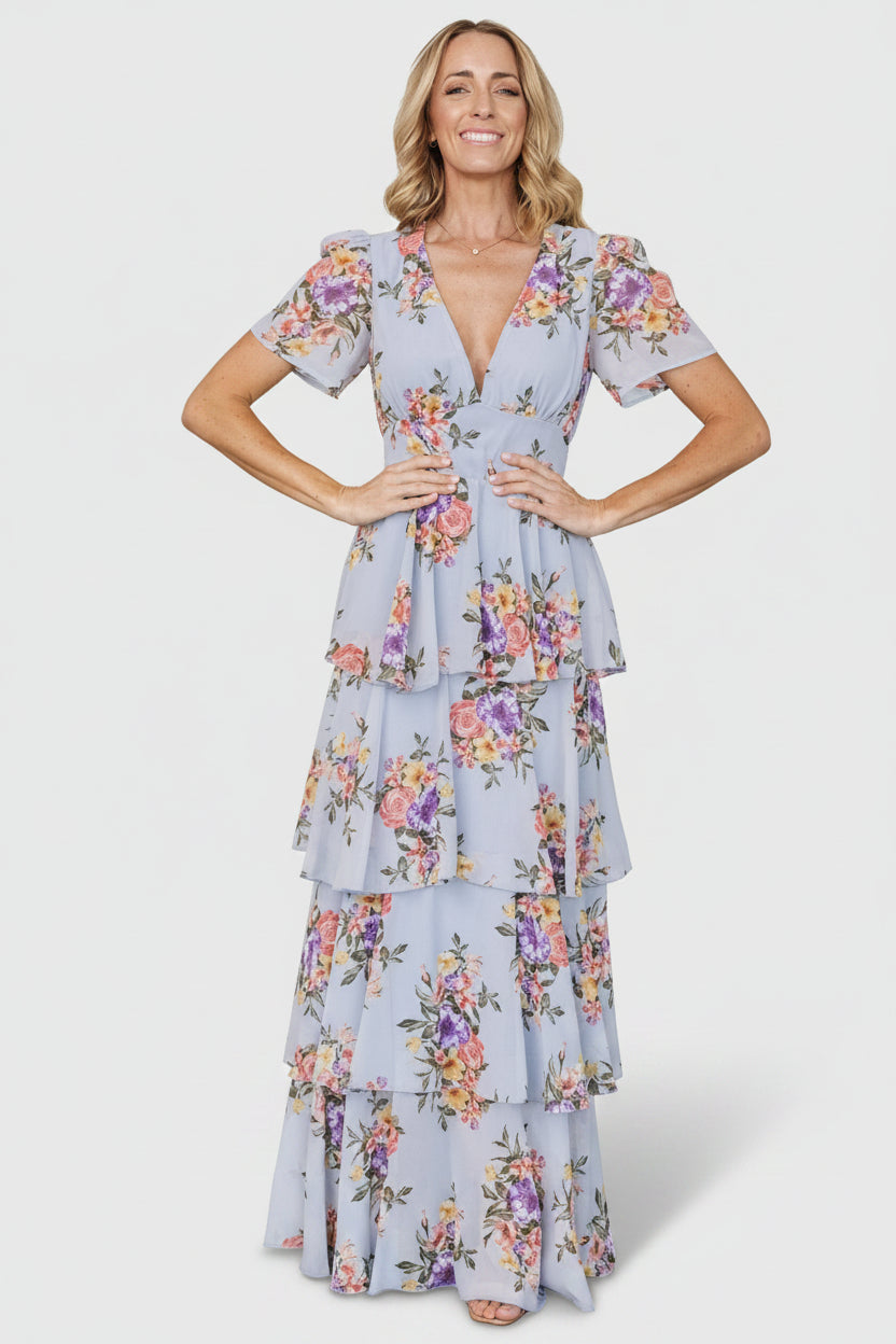 Montaigne Ruffle Maxi Dress | Baltic Born Light Blue Floral