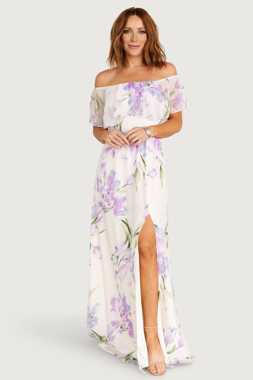 Daphne Off Shoulder Maxi Dress | Baltic Born Ivory + Lavender Floral