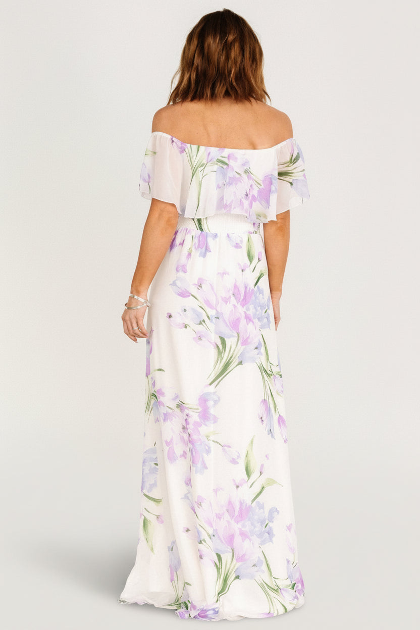 Daphne Off Shoulder Maxi Dress | Baltic Born Ivory + Lavender Floral