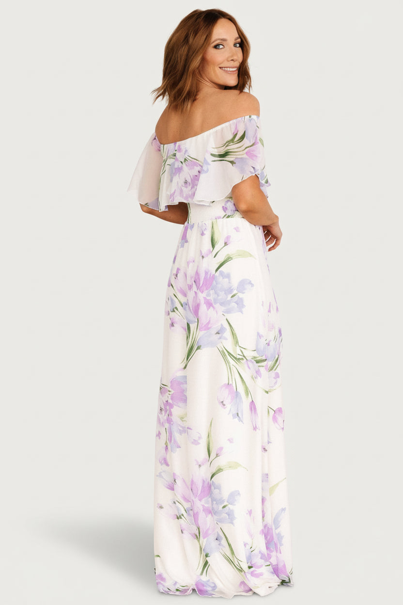 Daphne Off Shoulder Maxi Dress | Baltic Born Ivory + Lavender Floral