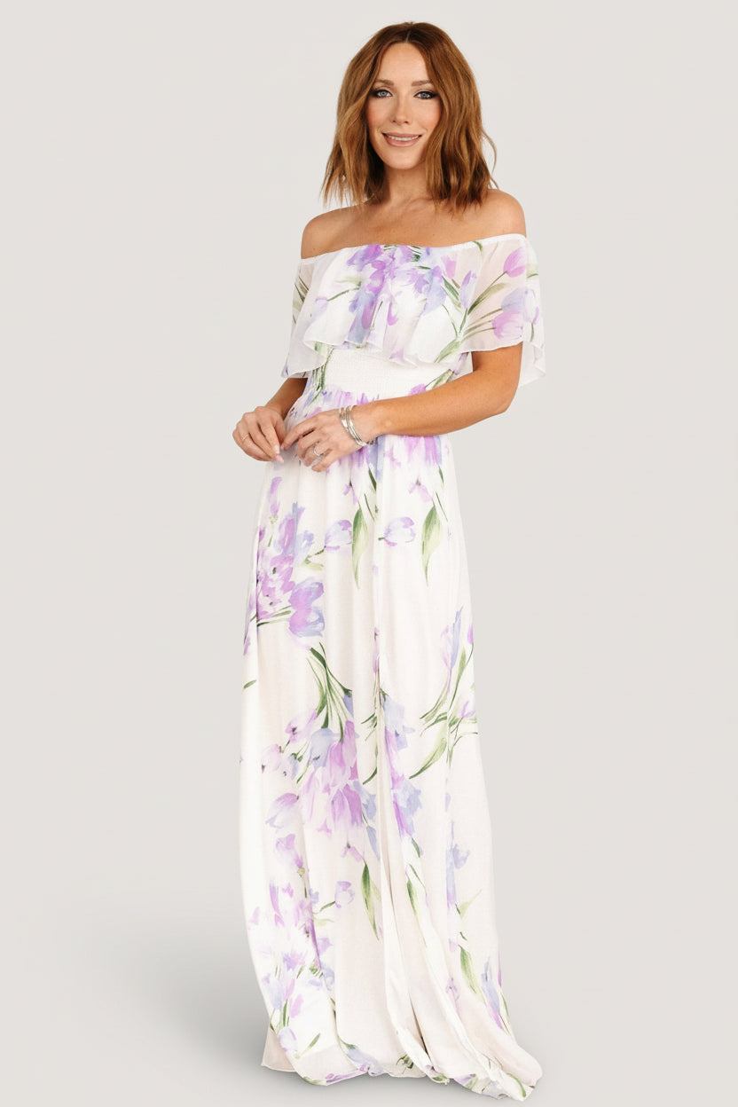 Daphne Off Shoulder Maxi Dress | Baltic Born Ivory + Lavender Floral