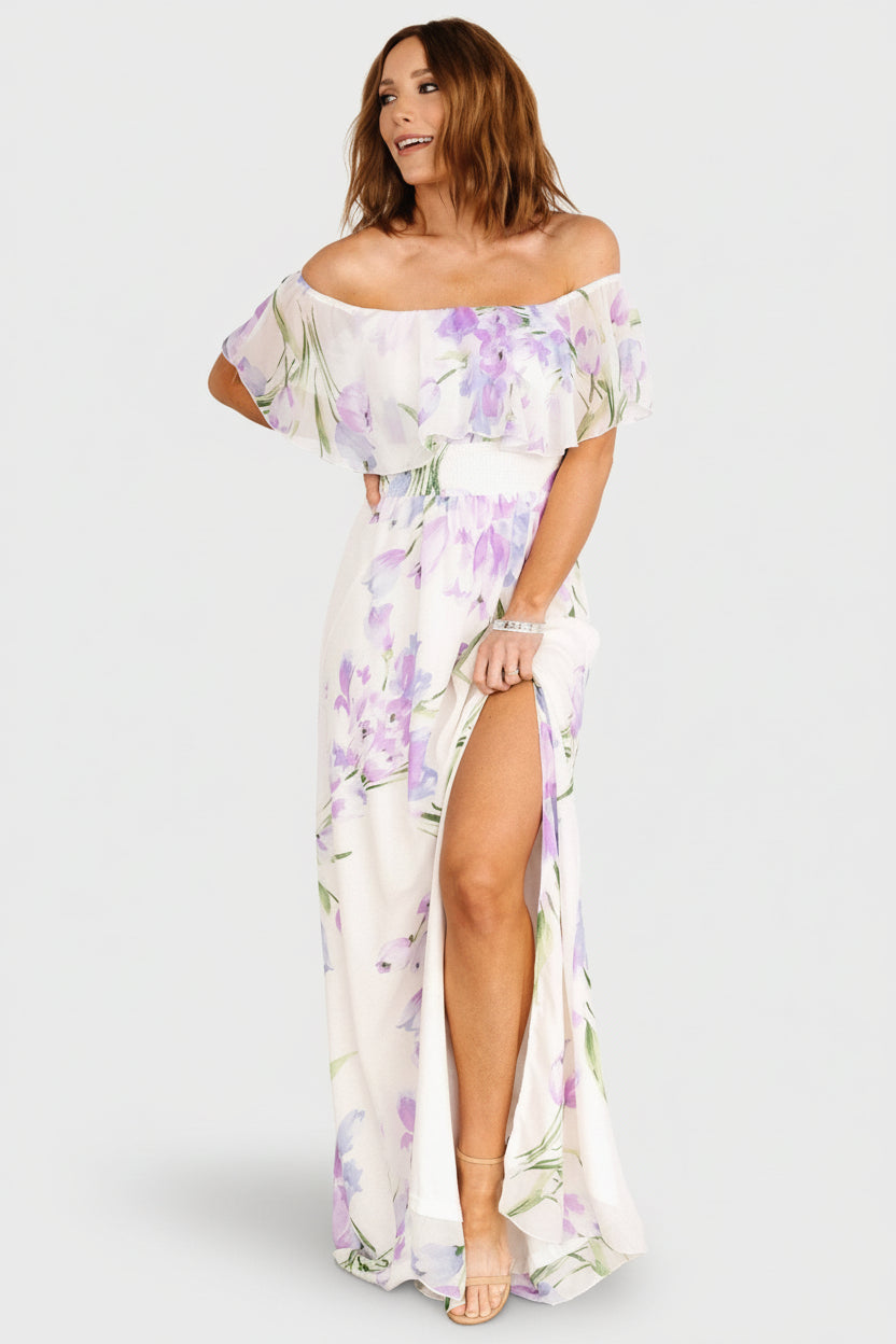 Daphne Off Shoulder Maxi Dress | Baltic Born Ivory + Lavender Floral