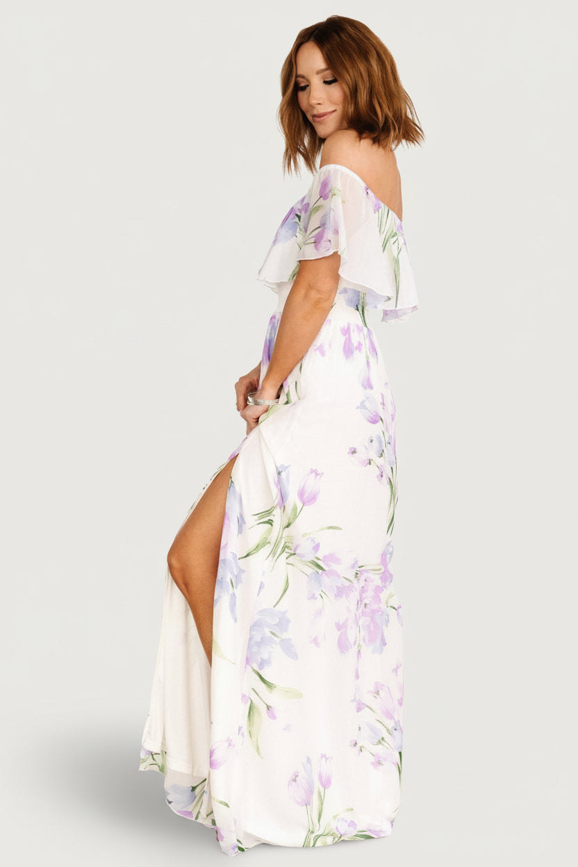 Daphne Off Shoulder Maxi Dress | Baltic Born Ivory + Lavender Floral