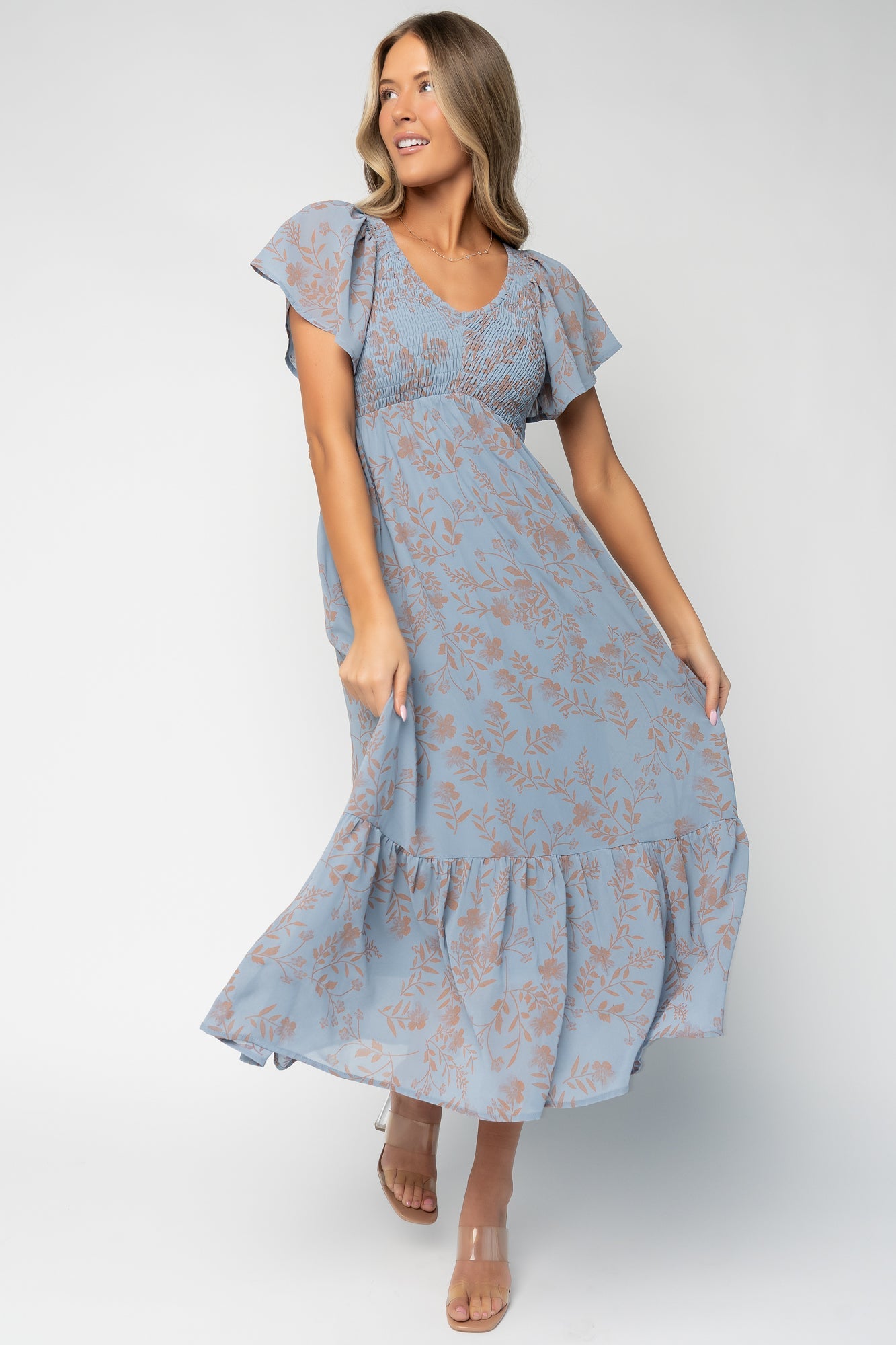 Monica Smocked Dress | Baltic Born Dusty Blue + Terracotta