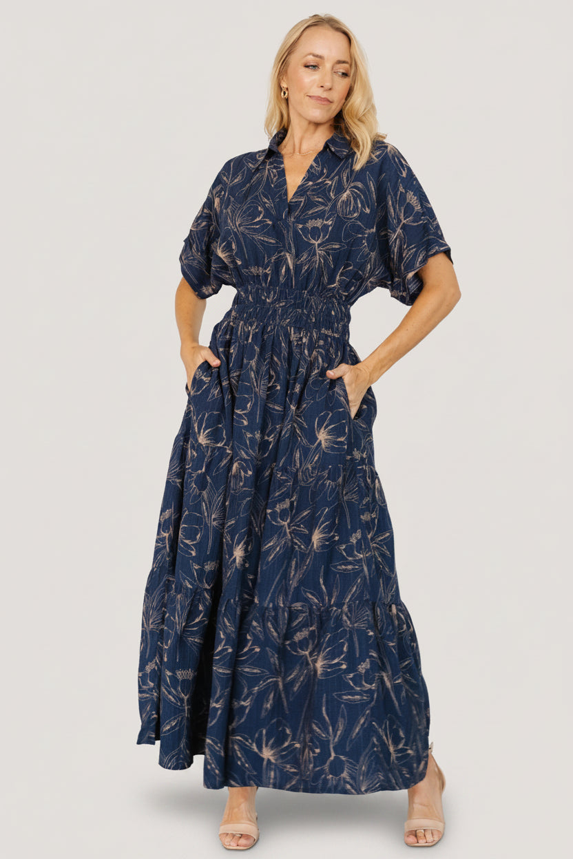 Hedda Tiered Maxi Dress | Baltic Born Deep Blue + Natural Floral