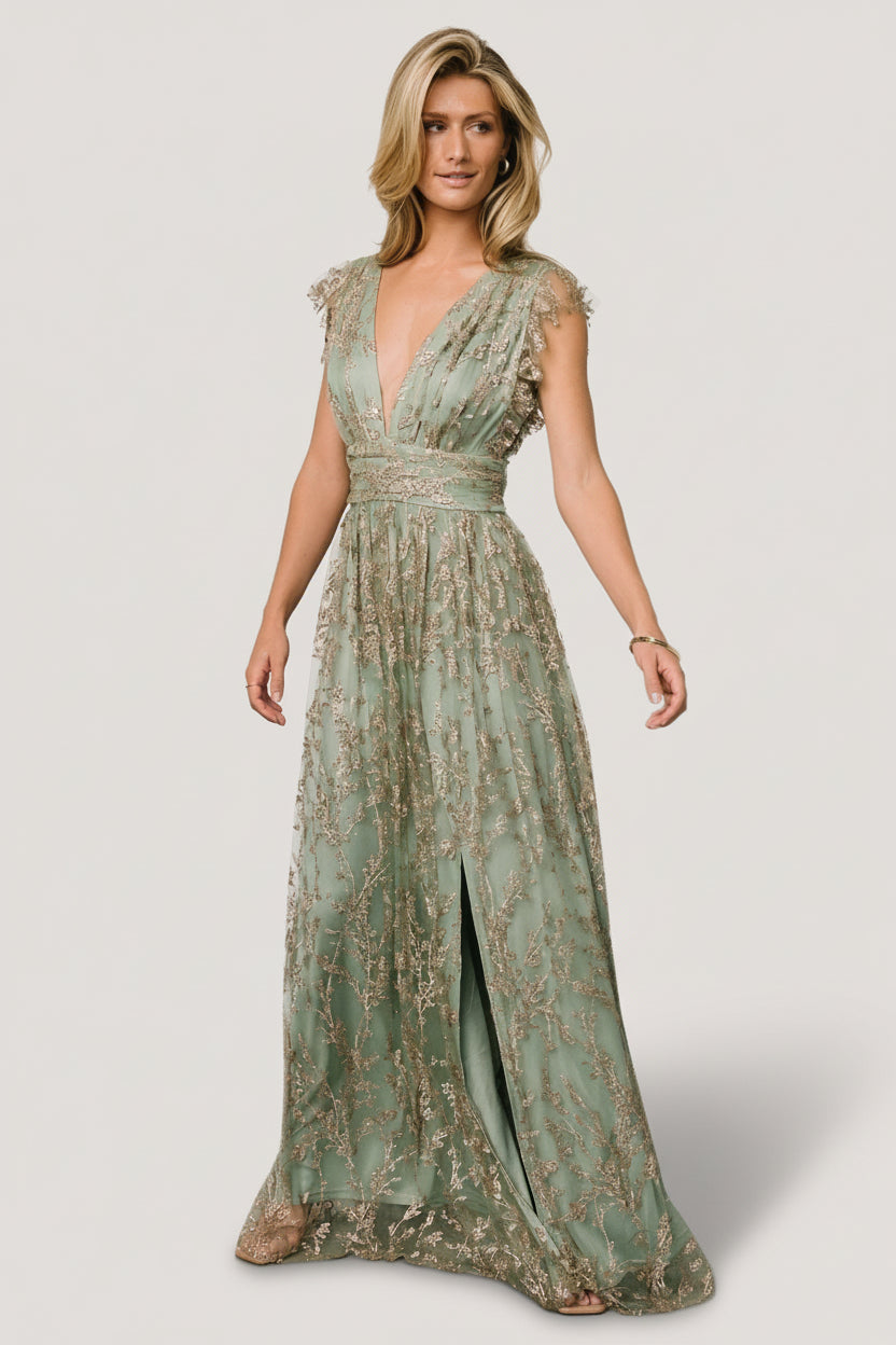 Arlene Shimmer Gown | Baltic Born Sage + Gold