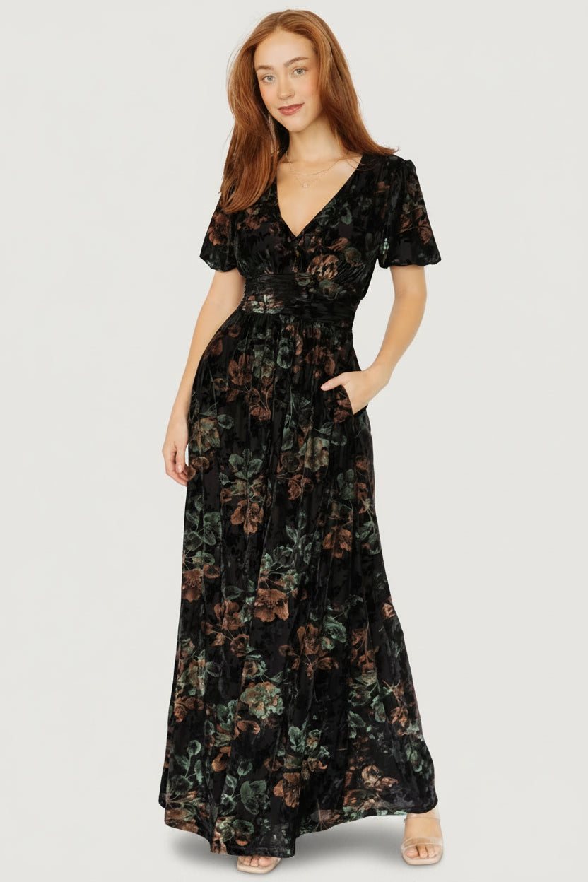 Leslie Velvet Maxi Dress | Baltic Born Black + Deep Jade Floral