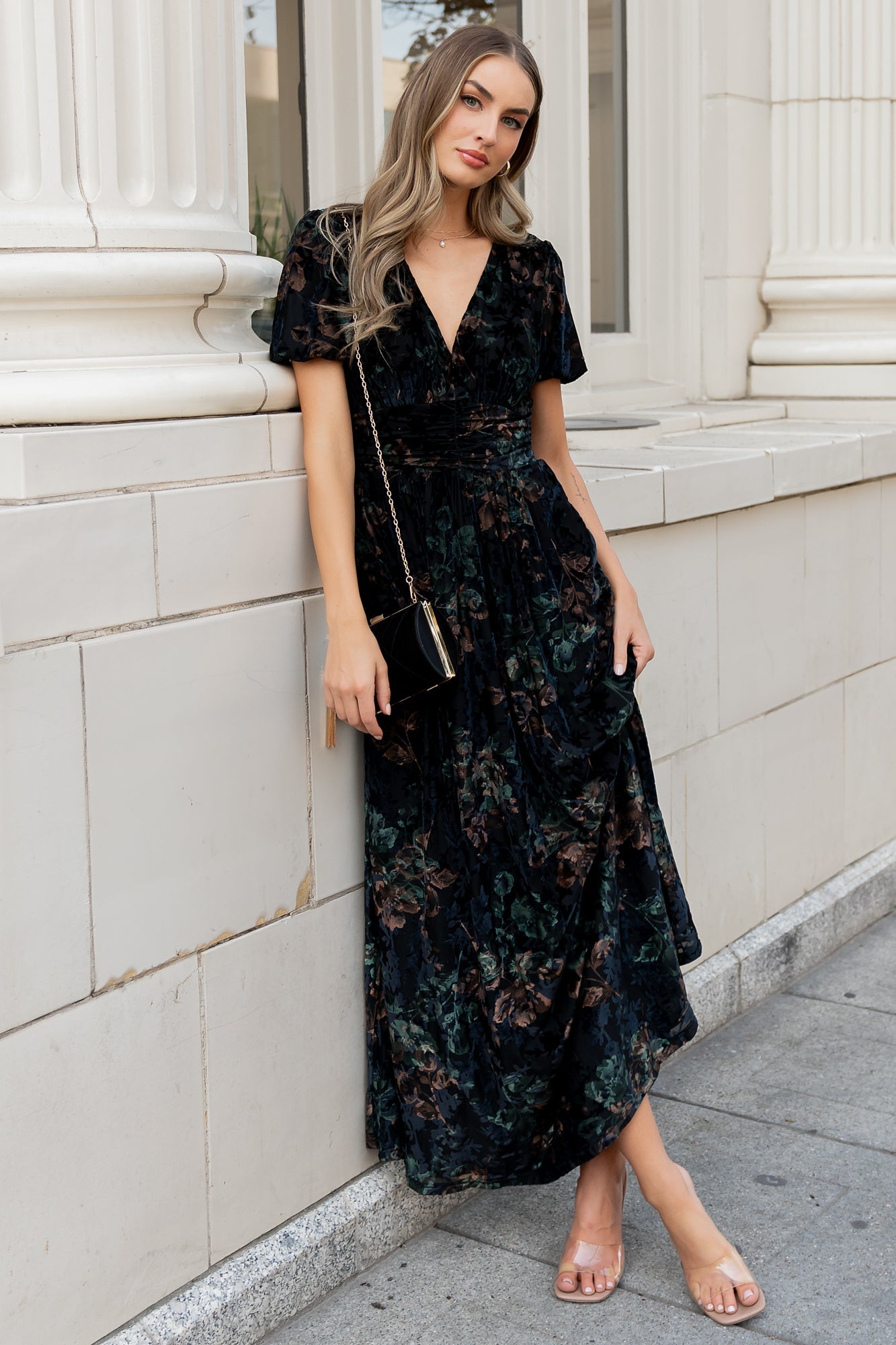 Leslie Velvet Maxi Dress | Baltic Born Black + Deep Jade Floral