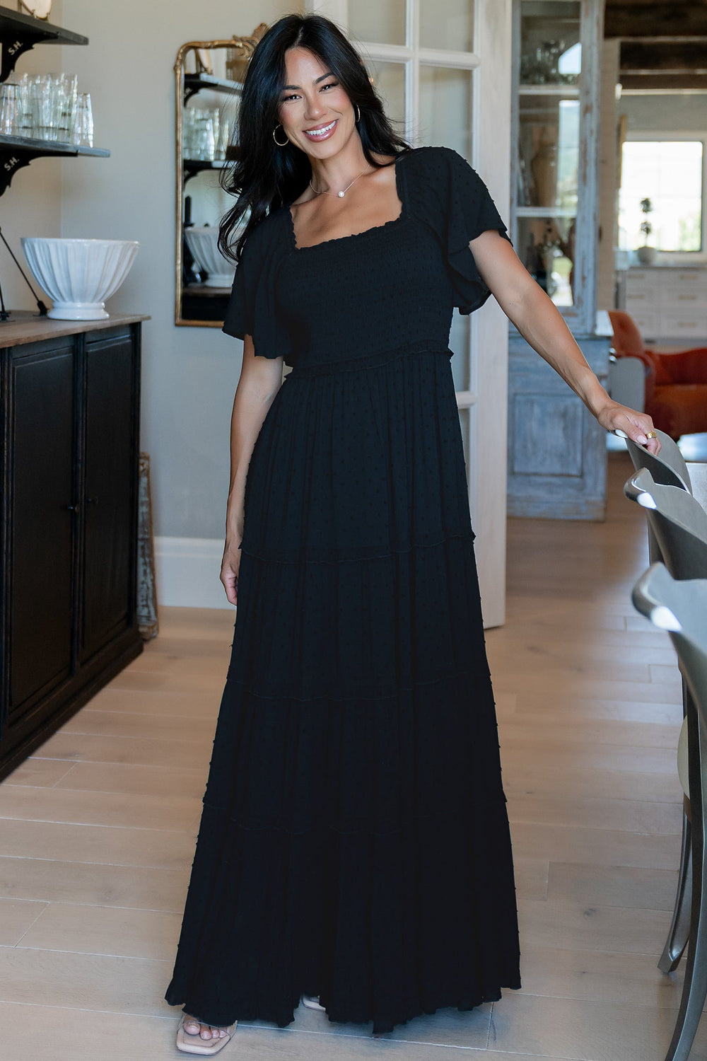 Lenora Smocked Dotted Maxi Dress | Baltic Born Black