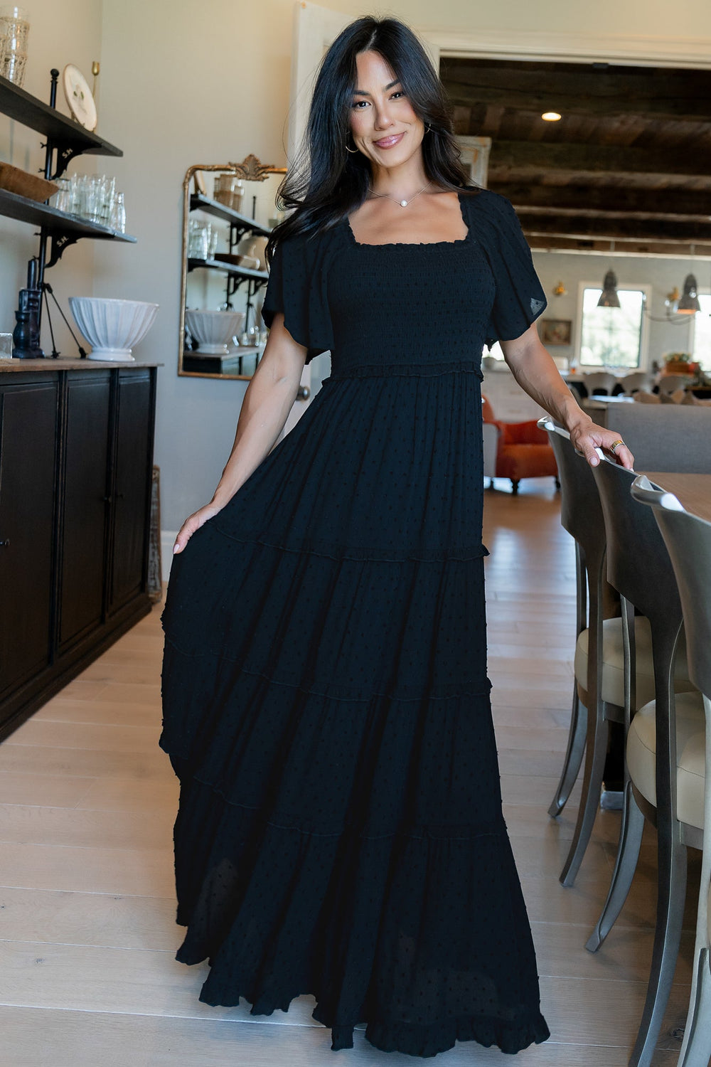 Lenora Smocked Dotted Maxi Dress | Baltic Born Black