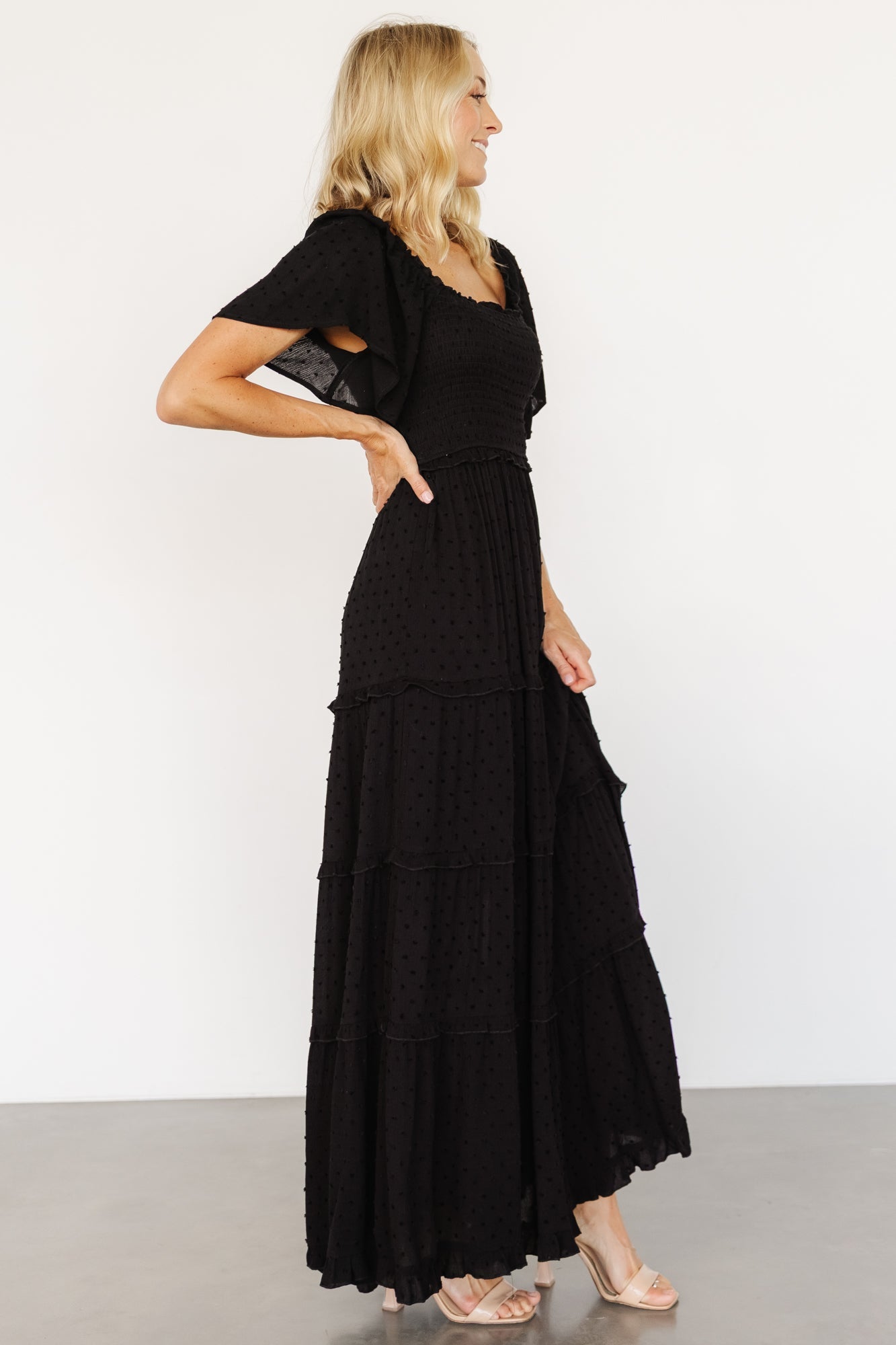 Lenora Smocked Dotted Maxi Dress | Baltic Born Black