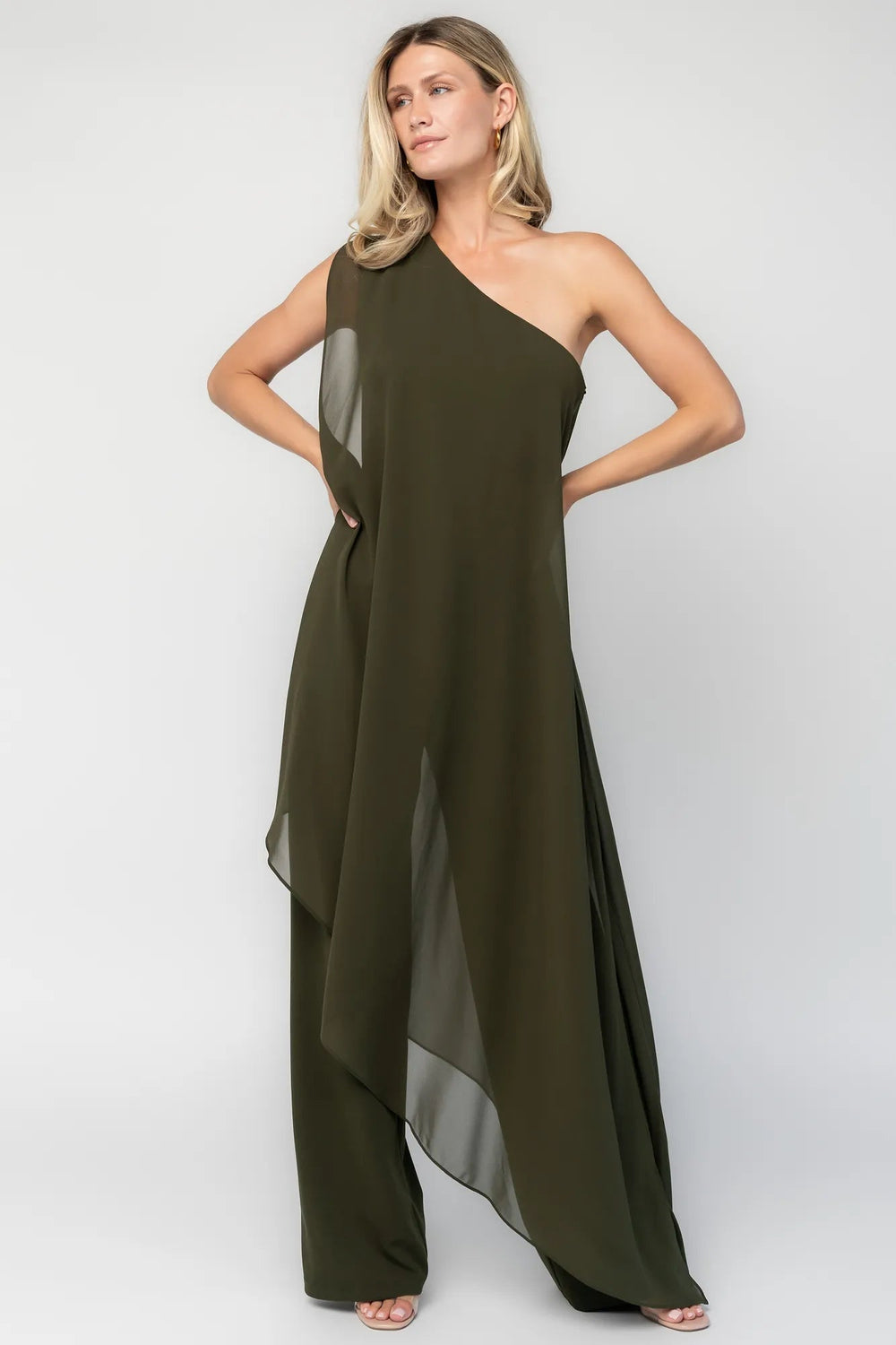 Penthouse One Shoulder Jumpsuit | Baltic Born Olive