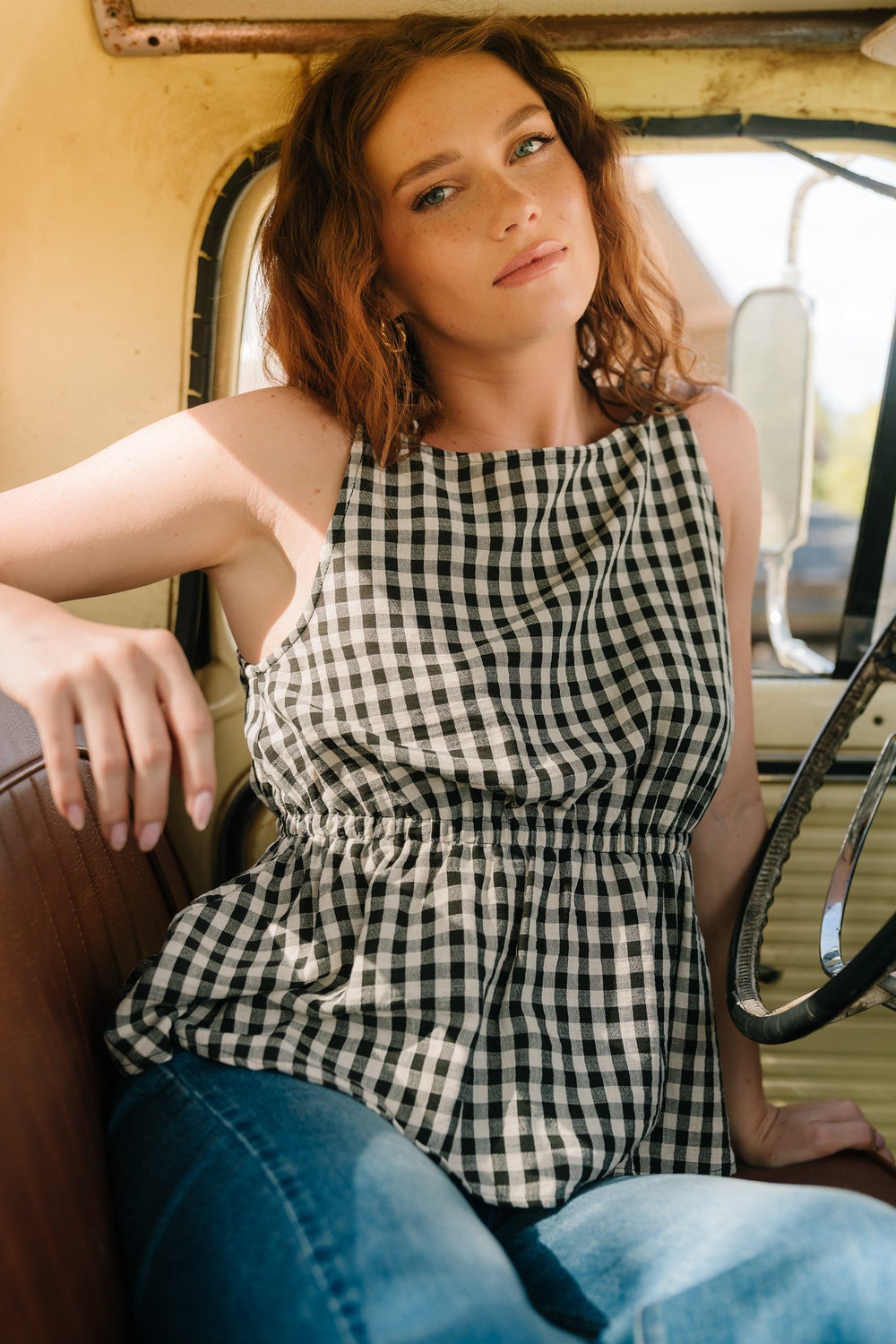Lane Gingham Peplum Top | Baltic Born Black + Off White