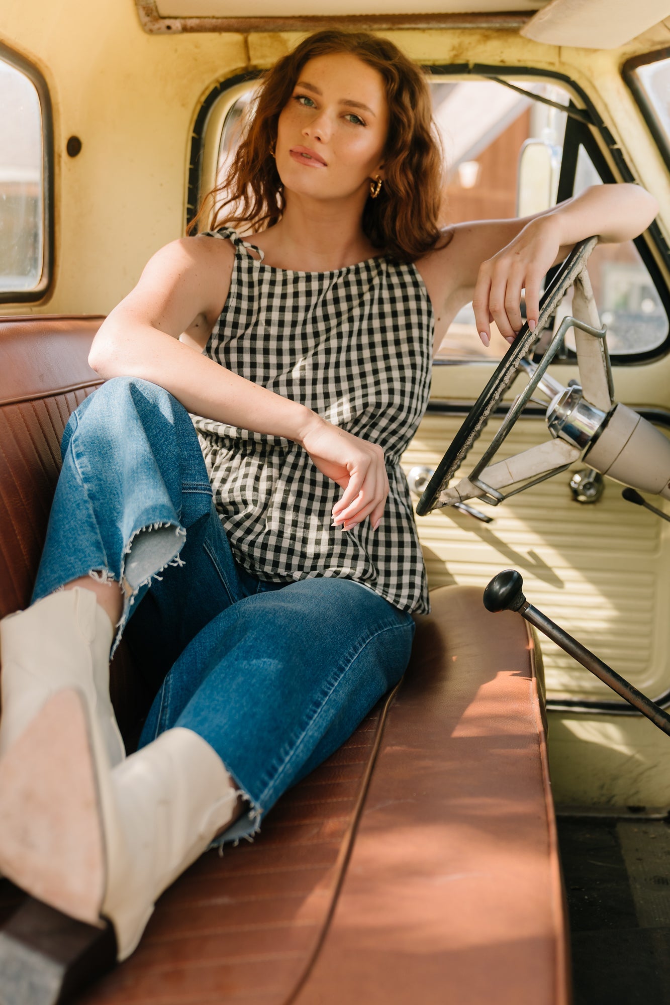 Lane Gingham Peplum Top | Baltic Born Black + Off White