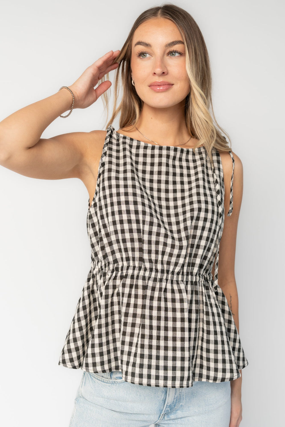 Lane Gingham Peplum Top | Baltic Born Black + Off White