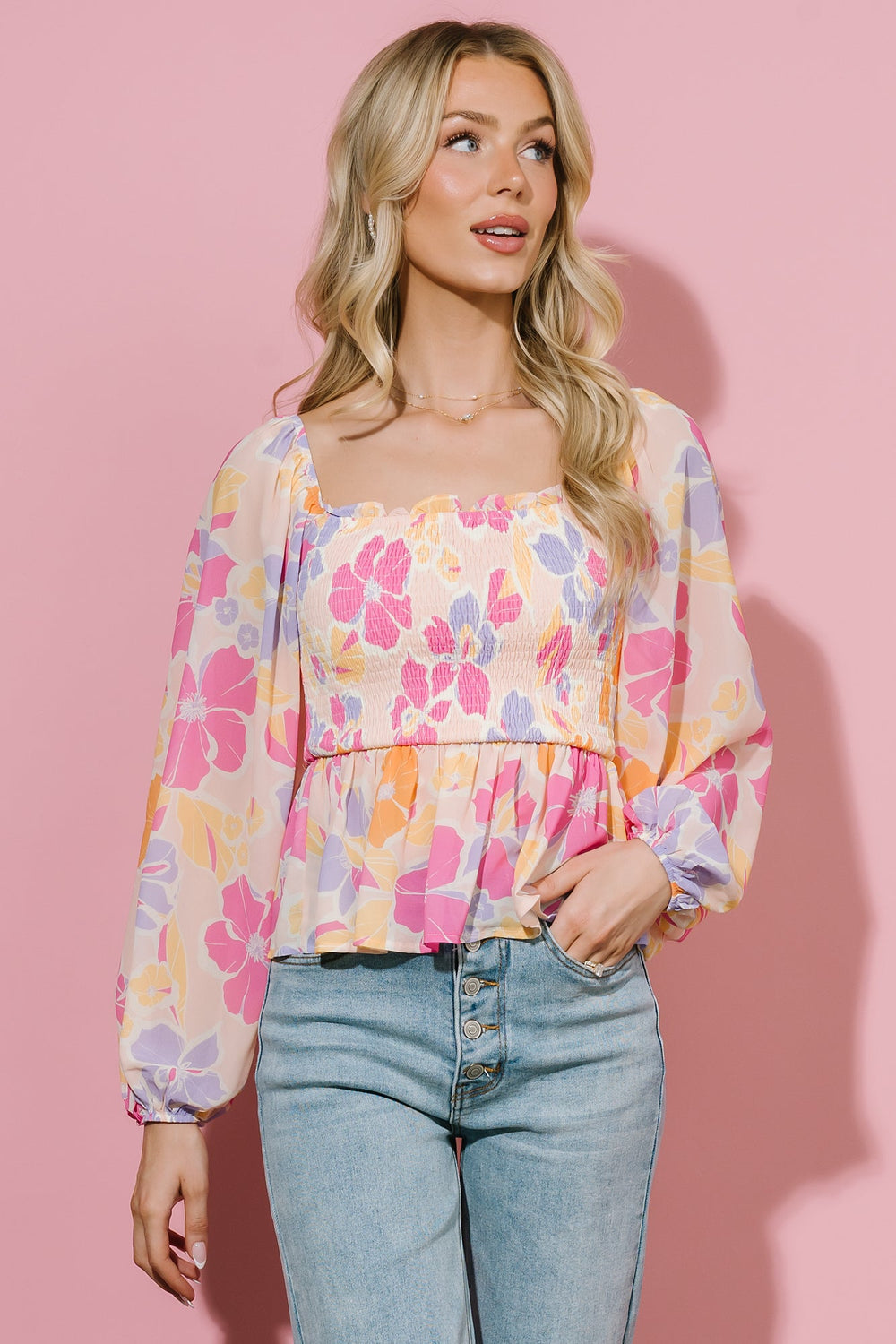 Sally Smocked Top | Baltic Born Pink Multi