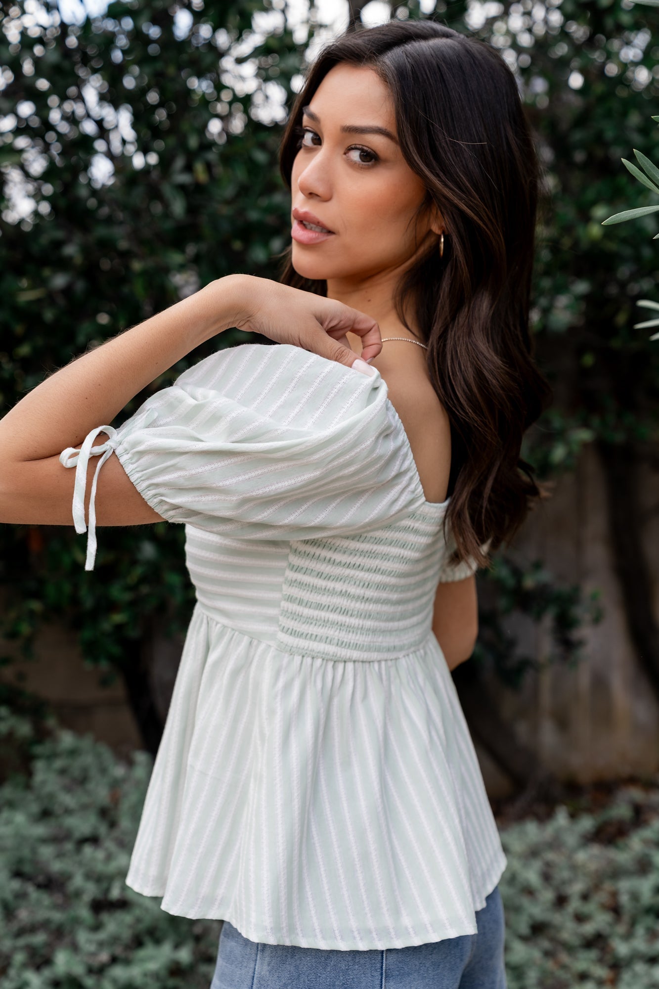 Betsy Peplum Top | Baltic Born Green+ White Stripe