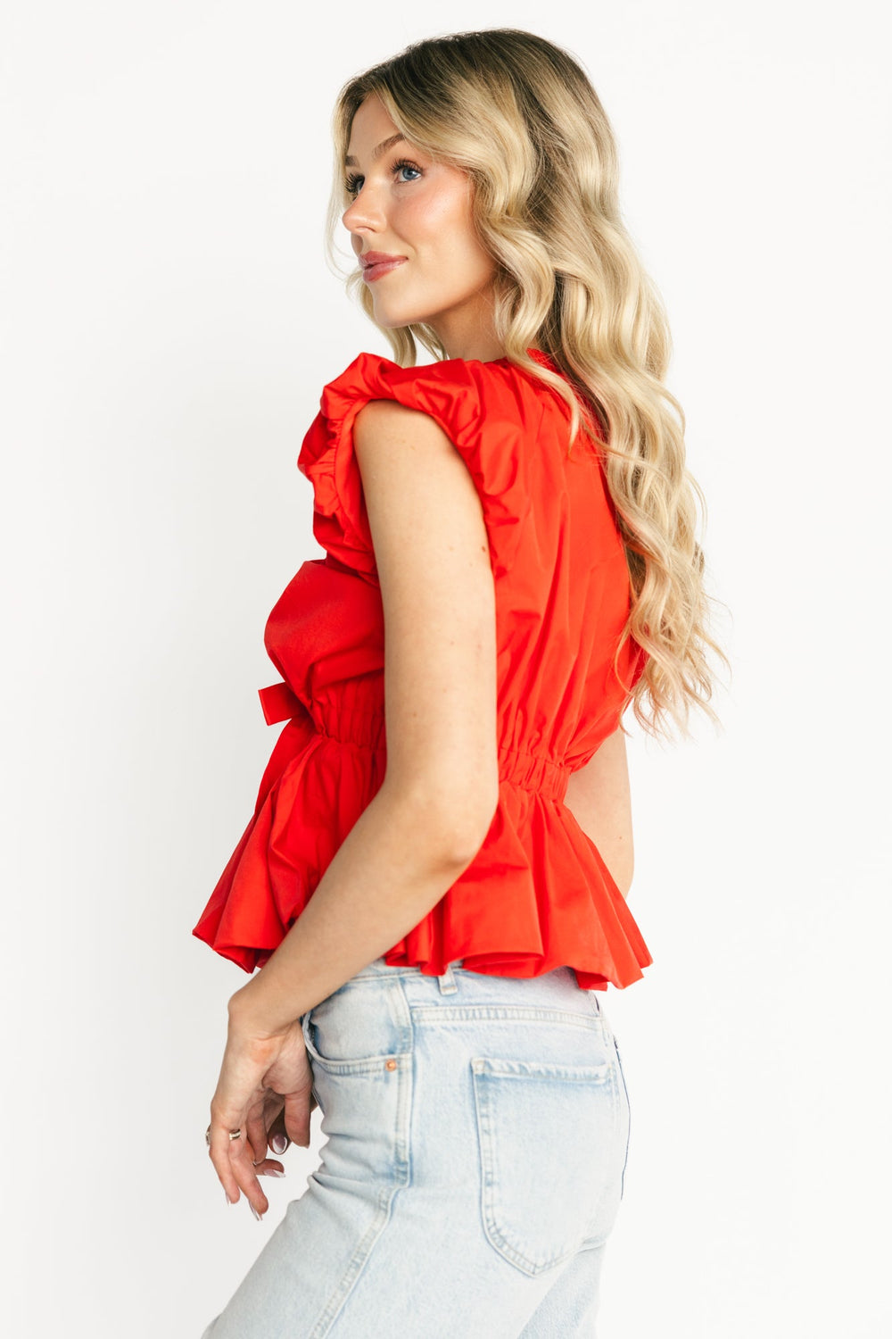 Norma Ruffle Peplum Top | Baltic Born Coral Red